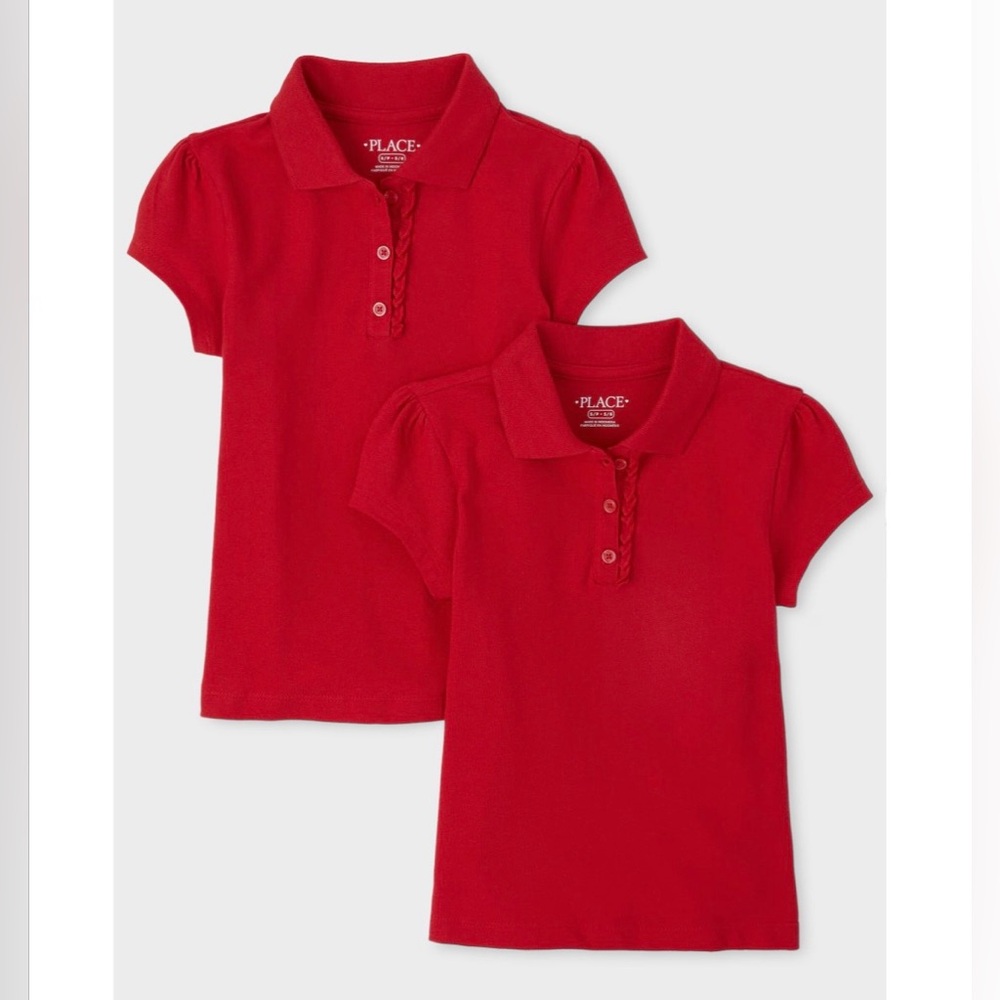 Children's Place Girls Uniform Short Sleeve Ruffle Pique Polo 2-Pack Red M (7/8)